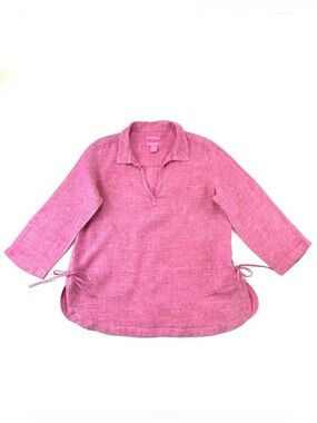 Isaac Mizrahi pink linen blouse Womens small relaxed fit collar Vneck top Casual